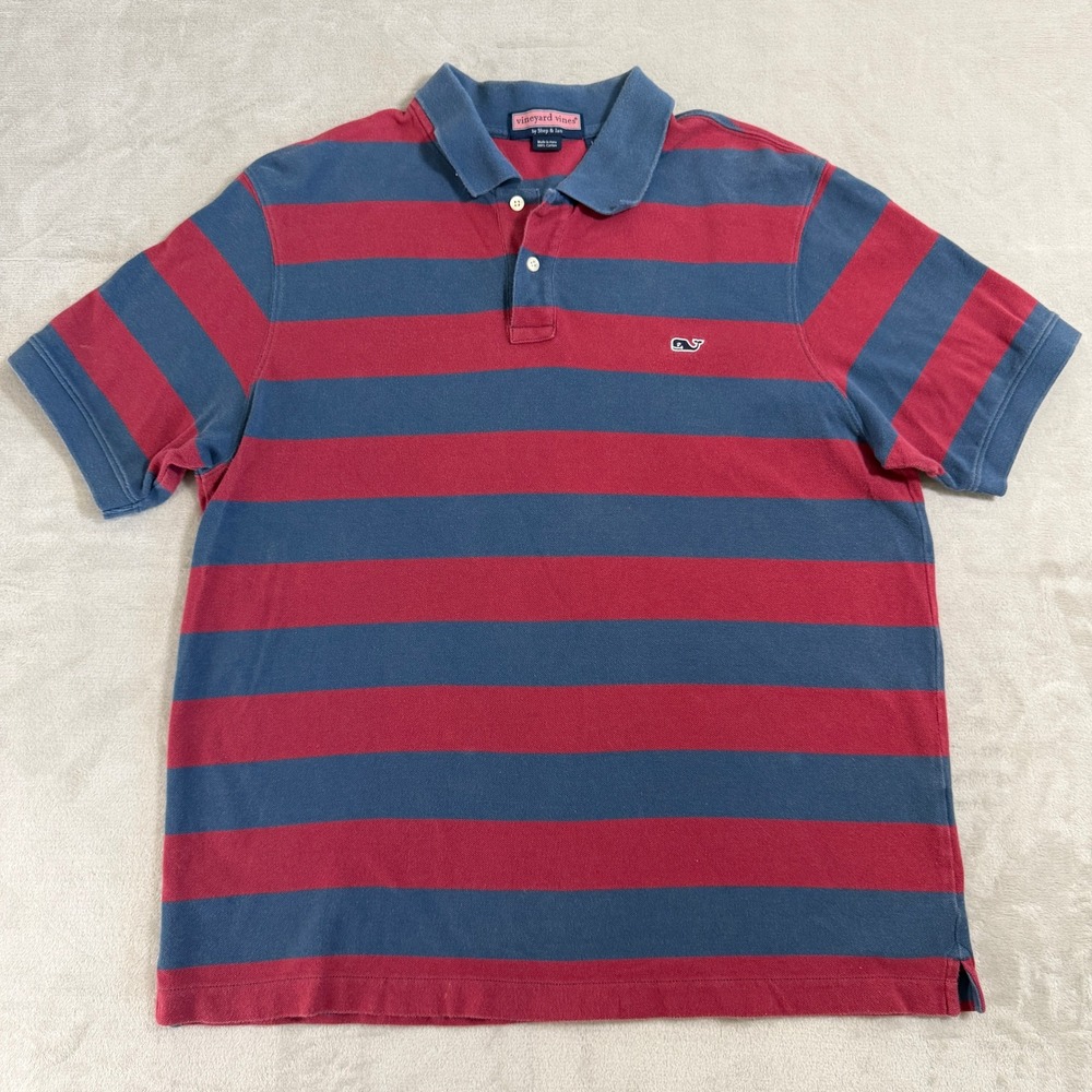 Vineyard Vines Mens Stripe Short Sleeve Polo Shirt Red Blue Whale‎ Logo Large